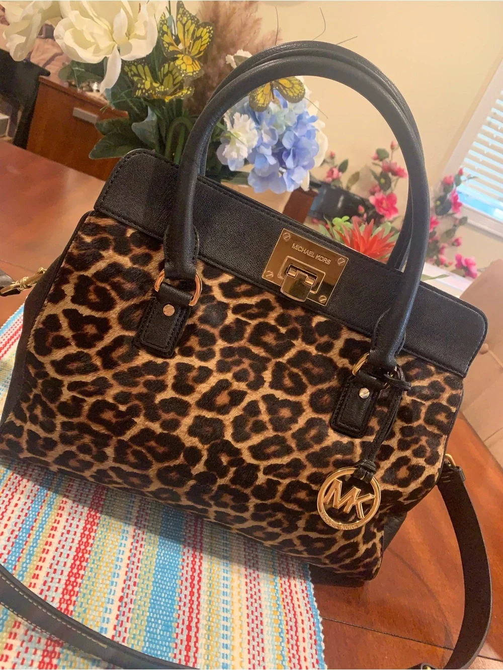 Michael Kors Leopard Print Satchel with Black Trim and Gold Hardware - Picture 2 of 15